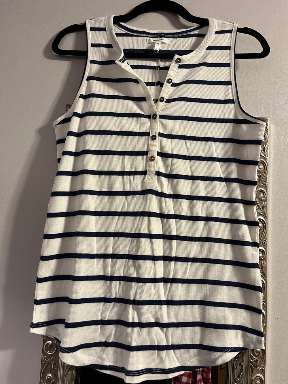 Maurices White & Navy Striped Henley Tank Top